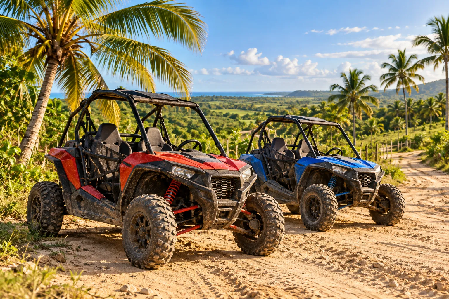 Imagen conceptual de buggies en un sendero tropical